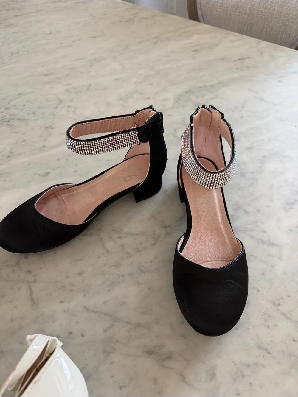 Black Ankle-Strap Flats with Rhinestone Trim